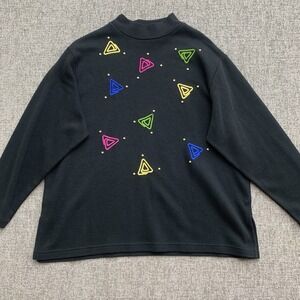 VTG Donna Turan Sweater XL Black Triangle Retro Mock Neck Long Sleeve